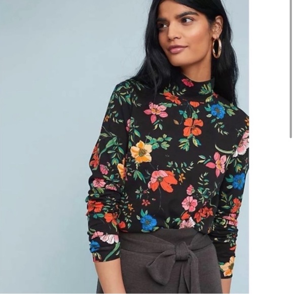 Anthropologie Tops - Anthropologie Maeve Floral Black Mockneck Top